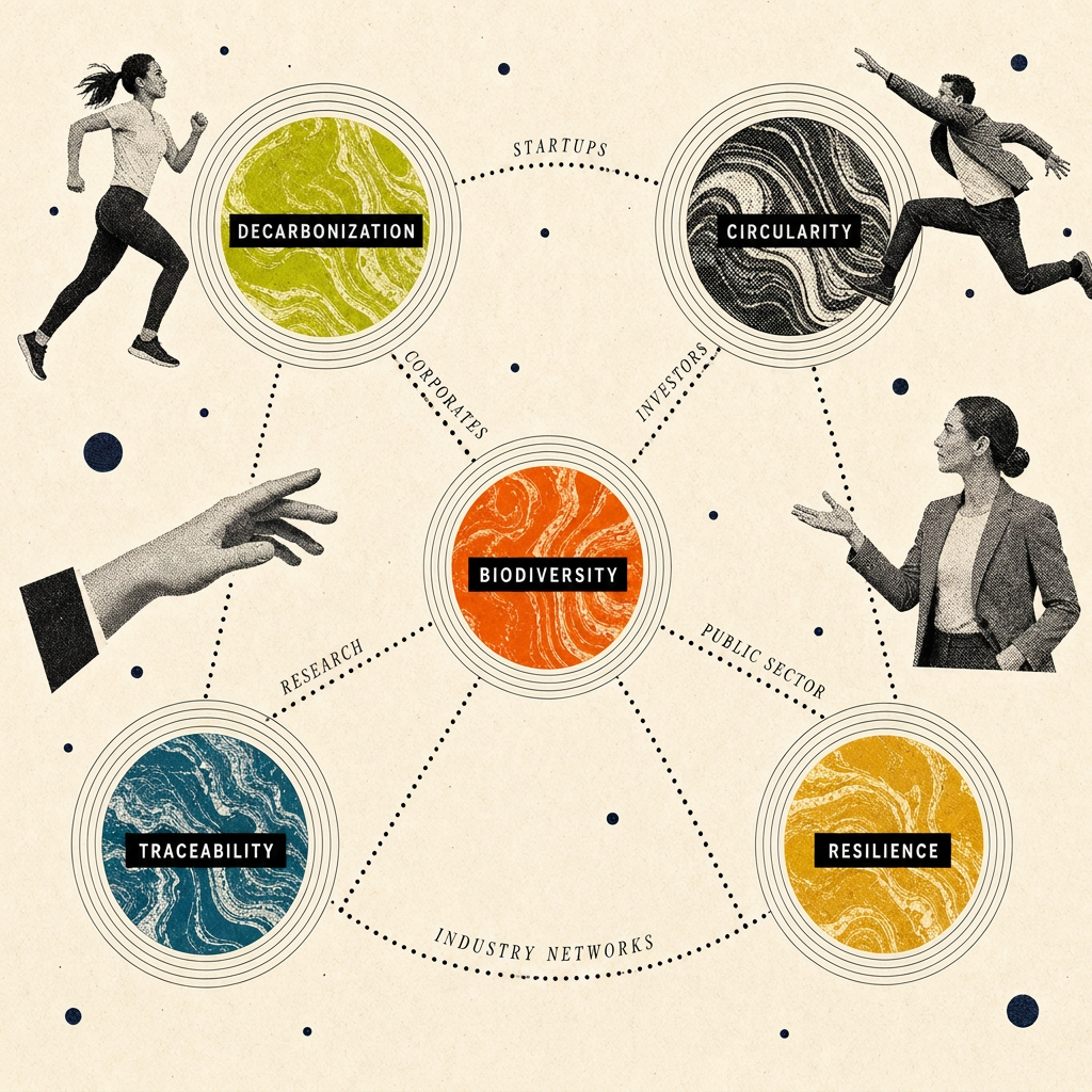 Collage diagram connecting the sustainability ecosystem — startups, corporates, investors, research, public sector and industry networks — around five topics: decarbonization, circularity, biodiversity, traceability and resilience.